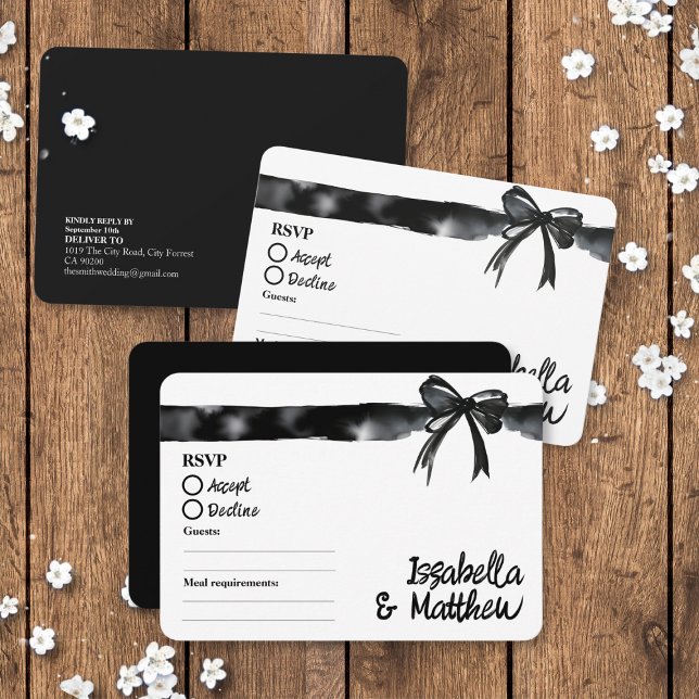 Bröllop OSA för minimalistiskt Trendig i svartvitt ( Black and White Bow Minimalist Trendy Wedding RSVP cards with food allergy tick boxes watercolour)