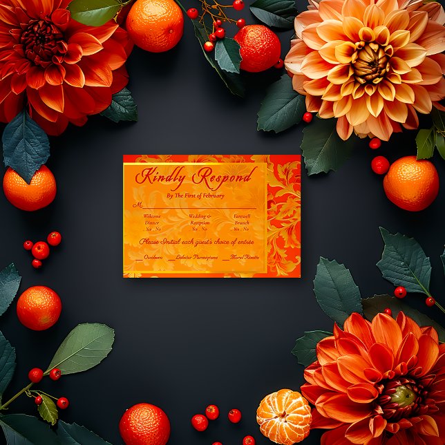 Bröllop OSA för Opulent Mandarin Orange Blommigt (Elegant RSVP Mandarin Orange Enclosure Card )