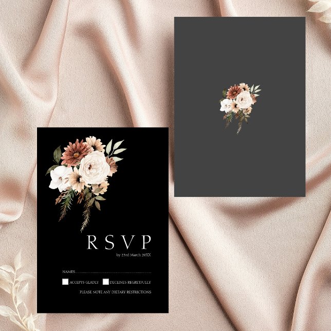 Bröllop OSA för Rustic Black och Peach Blommigt Kort (Rustic Black and Peach Floral Wedding RSVP Card)