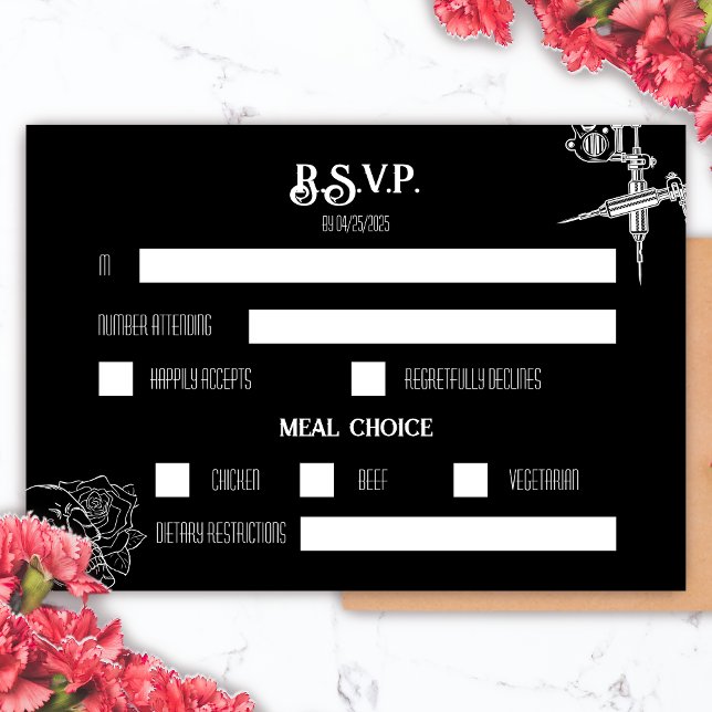 Bröllop OSA för svartvit skulltapp Kort (Black and White Skull Tattoo Wedding RSVP)