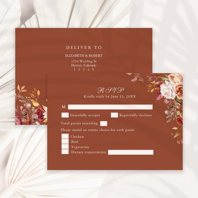 Bröllop OSA för Terracotta Burnt Orange Blommigt Tack Kort (Terracotta Burnt Orange Floral Wedding RSVP Card on a sunny neutral dry palm leaf.)