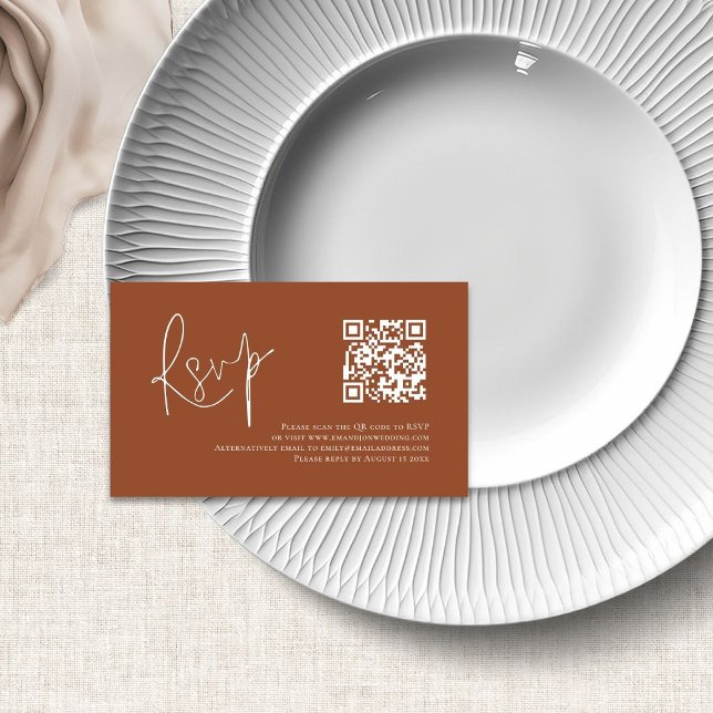 Bröllop OSA för Terracotta White Script QR-kod Tilläggskort (Skapare uppladdad)