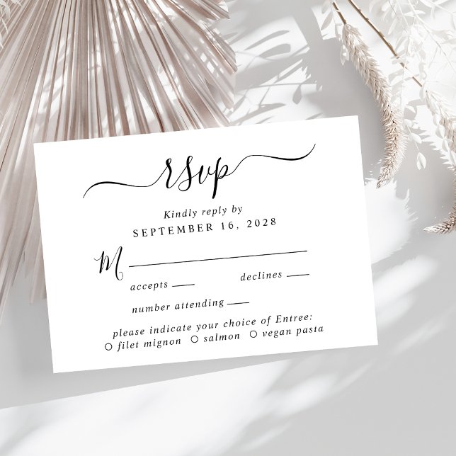 Bröllop OSA för val av chic-skriptmeny Kort (A chic wedding RSVP card with your customized menu options)