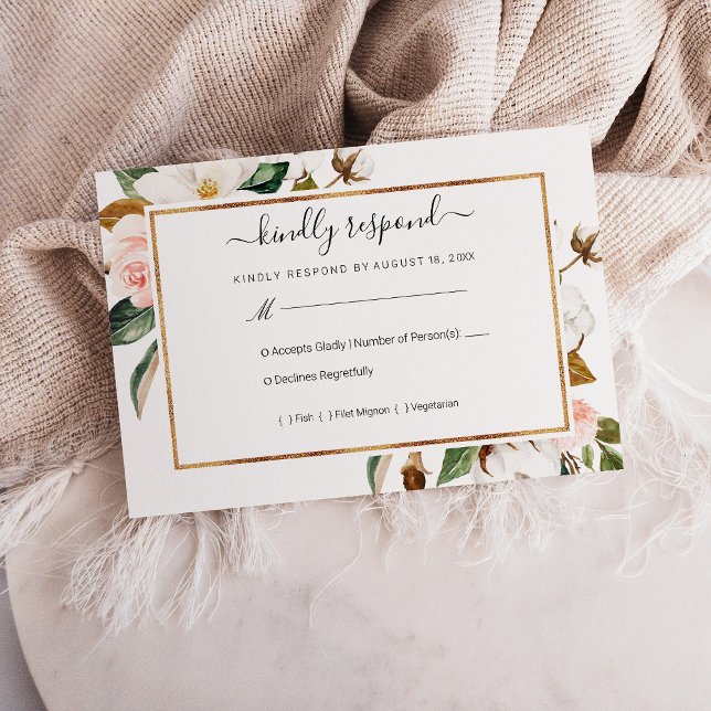 Bröllop OSA för vit och  Magnolia-Blommigt (White & Blush Magnolia Floral Wedding RSVP Card)