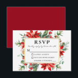 Bröllop OSA för Watercolor Red Poinsettia Blommigt Kort<br><div class="desc">Elegant Watercolor Poinsettia Blommigt Greenery Bröllop OSA Card omfattar röda poinsettias,  eukalyptus löv,  gräs cones,  gräs nål,  bomull,  klumpiga och annan vacker botanisk grey på vintern. Guld Ram. Rödryggen.</div>