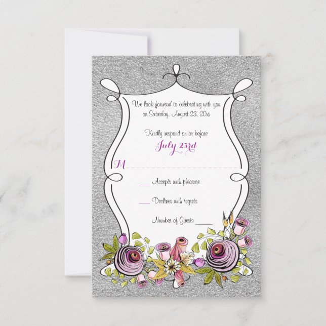 Bröllop OSA-kort | Plum, FAUX Silver Foil Blommigt Inbjudningar (Framsida)