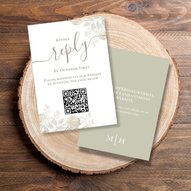 Bröllop OSA QR-Eleganten Sage Greenery (Simple Wedding reply card with a sage green background and QR code template.)