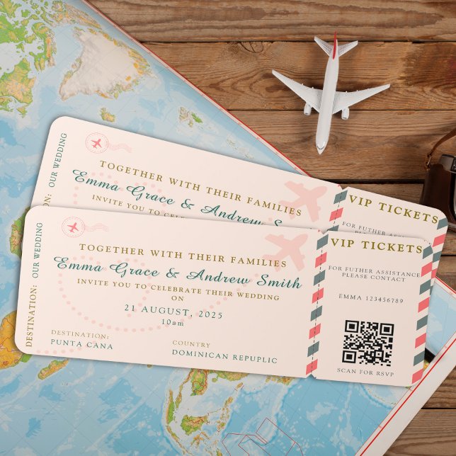 Bröllop OSA Qr-kod för påstigningspass Flyglinje B Inbjudningar (Boarding Pass Wedding RSVP Qr Code Airline Ticket Invitation)