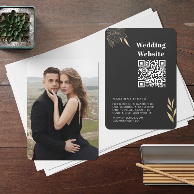 Bröllop OSA | QR-kod Modern Black Guld Tilläggskort (wedding website QR code card mockup)