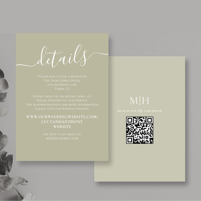 Bröllop - OSA Sage-Grönt QR-kod -  Tilläggskort (Simple calligraphy sage green details card with QR code and monogram. )