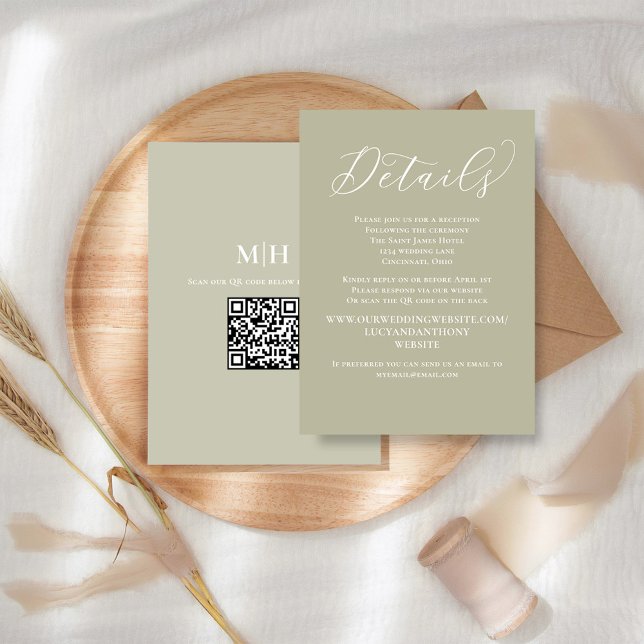 Bröllop - OSA Sage-Grönt QR-kod -  Tilläggskort (Wedding details enclosure card with elegant calligraphy script)