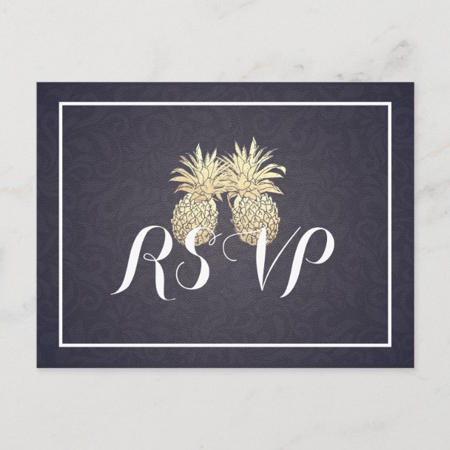 Bröllop OSA Svara Guld ananas par marinblått Inbjudan Vykort (Framsida)