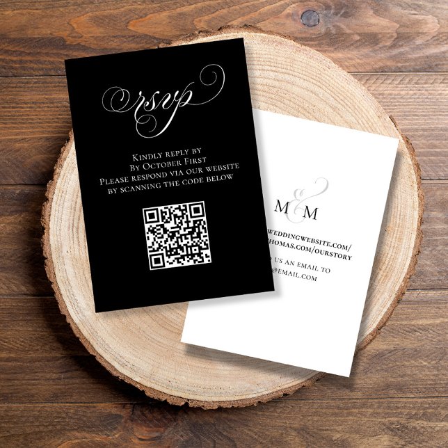 Bröllop OSA Svartvit QR-kod Kort (Elegant RSVP enclosure card with calligraphy script and QR Code. )