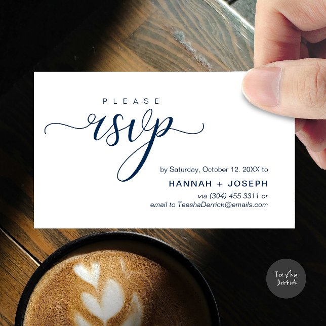 Bröllop OSA via Mobilt svar eller e-postsvar Tilläggskort (Wedding invitation RSVP via Phone or email respond reminder Enclosure Card in aesthetic Navy Blue)
