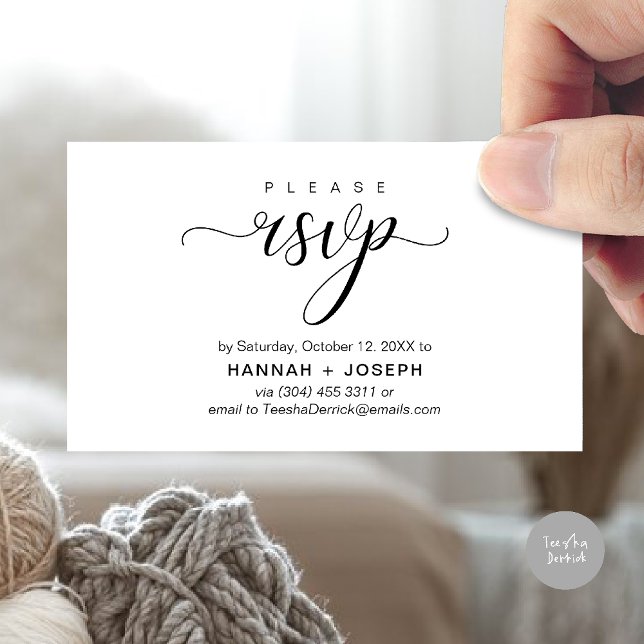Bröllop OSA via Mobilt svar eller e-postsvar Tilläggskort (Wedding invitation RSVP via Phone or email respond reminder Enclosure Card in aesthetic White Black)