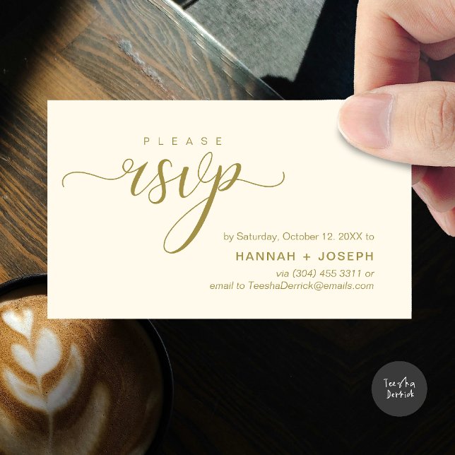 Bröllop OSA via Mobilt svar eller e-postsvar Tilläggskort (Wedding invitation RSVP via Phone or email respond reminder Enclosure Card in aesthetic Yellow Gold)