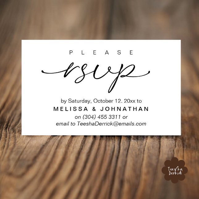 Bröllop OSA via Mobilt svar eller e-postsvar Tilläggskort (Wedding RSVP via Phone or email text sms website Enclosure Card Dinner Invites Respond Black White)