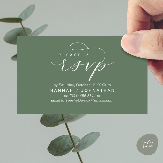 Bröllop OSA via Mobilt svar eller e-postsvar Tilläggskort (Wedding Invitation RSVP Respond via Phone or email Online Enclosure Card, Greenery sage forest green)
