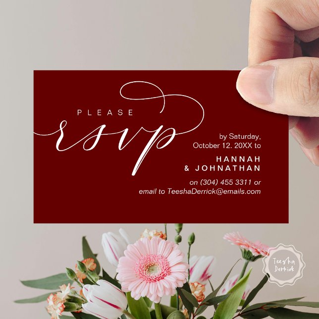 Bröllop OSA via Mobilt svar eller e-postsvar Tilläggskort (Wedding Invitation RSVP Respond via Phone or email Online Enclosure Card, Burgundy Red)