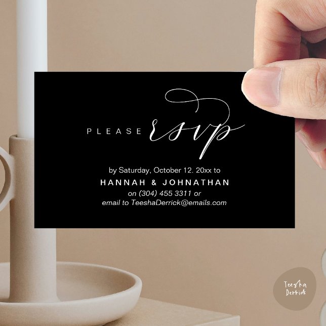 Bröllop OSA via Mobilt svar eller e-postsvar Tilläggskort (Wedding RSVP via Phone or email respond Enclosure Card, Lunch, Brunch, Dinner, Party, Classy Black)
