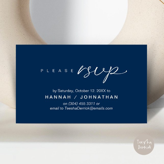 Bröllop OSA via Mobilt svar eller e-postsvar Tilläggskort (Wedding RSVP via Phone, email, website, respond, Enclosure Card, Classy Navy Blue)