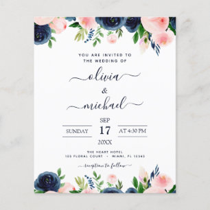 Bröllop på Budget Navy Blue Blush Pink Blommig Flygblad