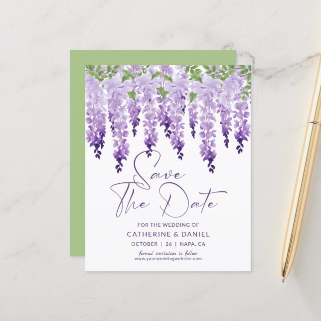 Bröllop på Budget Save The Date Watercolor Wisteri (Fram/Back In Situ)