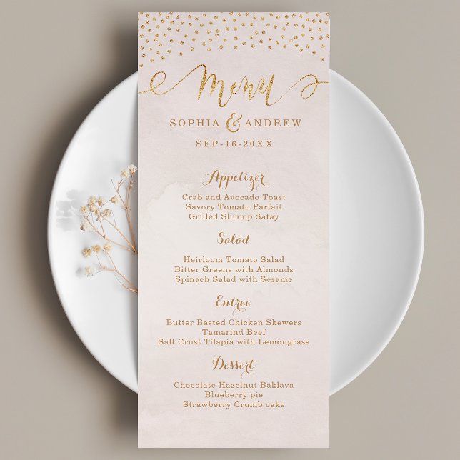 bröllop på calligraphy glitter vid  ro guld meny (Blush glitter rose gold calligraphy wedding menu)