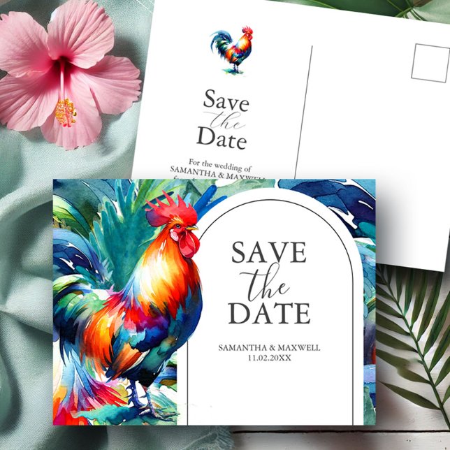 Bröllop på destination - Spara datum postkort Meddelande Vykort (Tropical destination wedding save the date postcards key west watercolor rooster Do Tell A Belle)