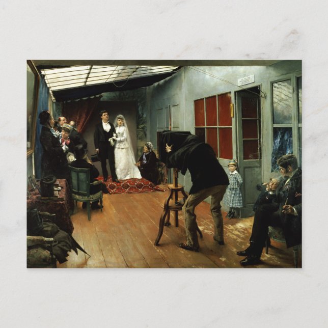 Bröllop på fotoskrivaren, 1878-9 vykort (Framsida)