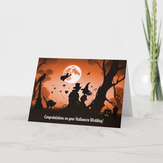 Bröllop på Halloween Cute Couple med Witch Black Kort (Framsida)