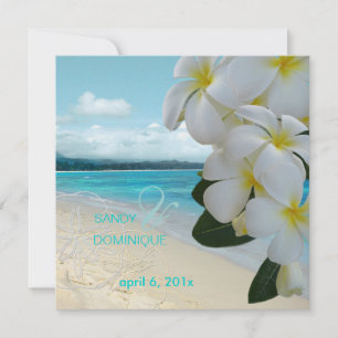 Bröllop på sandig strand/plumeria-destination inbjudningar