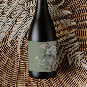 Bröllop pampas eucalyptus modern mr och Mrs party Vinflaska Etikett