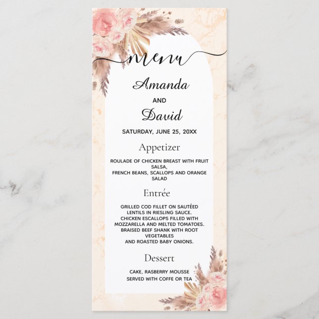 Bröllop pampasgräs rose gold blommig marmor meny (Framsida)