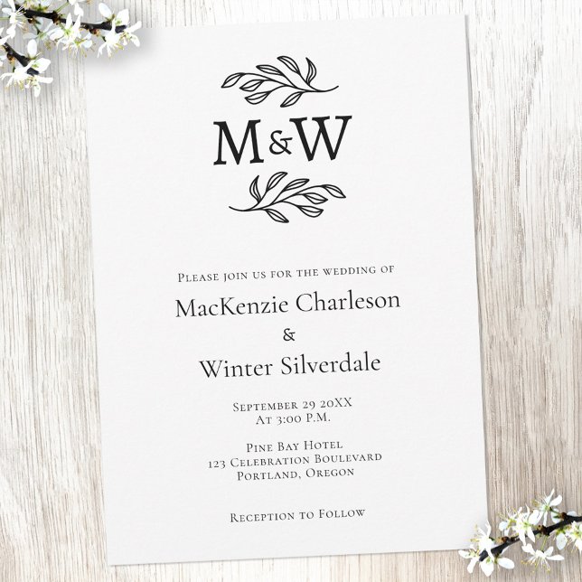 Bröllop par enkel Monogram Initialer-minimalist Inbjudningar (Wedding couple monogram initials simple elegant botanical wedding invitation)