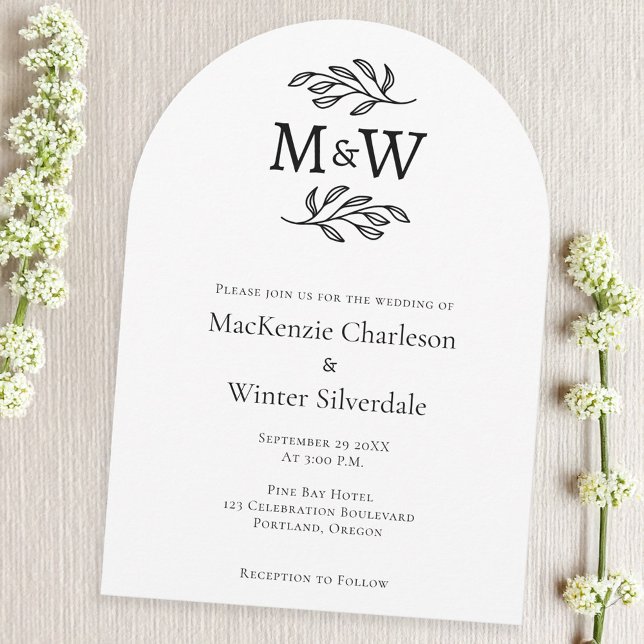 Bröllop par enkel Monogram Initialer-minimalist Inbjudningar (Modern arch wedding invitation with couple monogram initials and botanical leaf sprig line art)