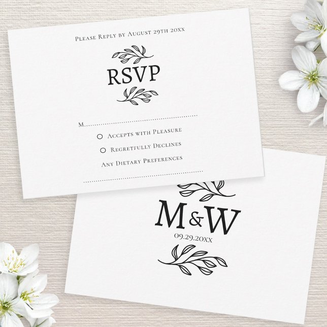 Bröllop par enkel Monogram Initialer-minimalist OSA Kort (Modern RSVP wedding couple monogram initials custom text response enclosure card)