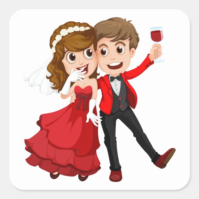 Bröllop par fyrkantigt klistermärke (The bride, in her red gown, playfully covers her mouth while the groom raises a glass of wine.)