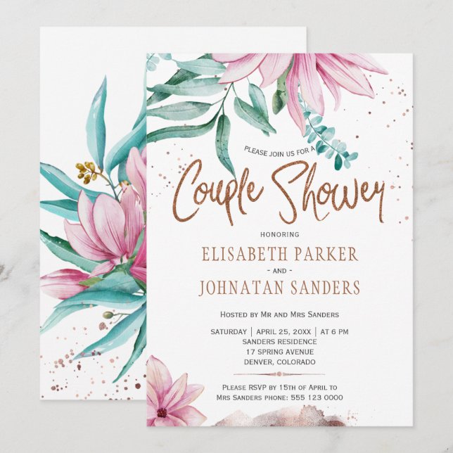 Bröllop par koppardusch för glitter rosa par inbjudningar (Fram/baksida)