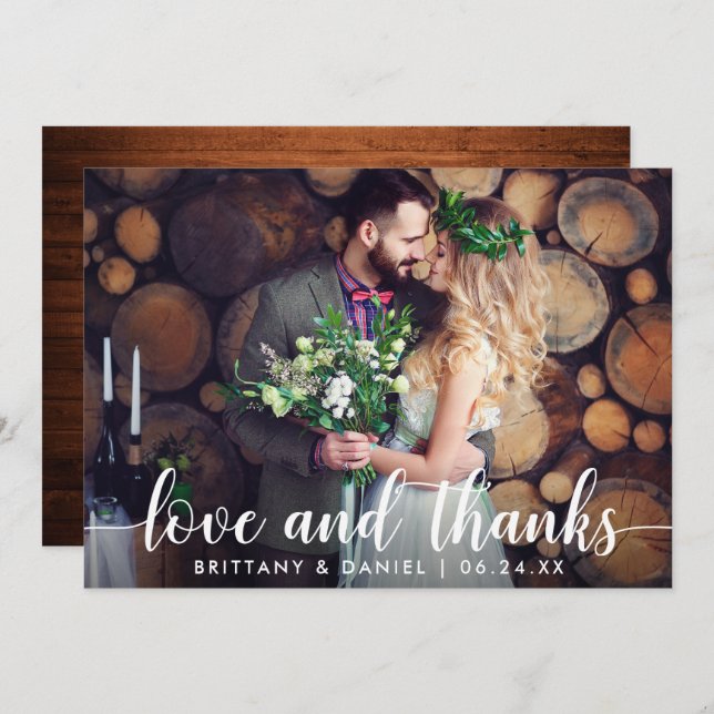 Bröllop par Photo Wood Kärlek och tackkort Inbjudningar (Fram/baksida)