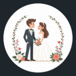 Bröllop par Sticker Runt Klistermärke<br><div class="desc">Tecknad-dekal av en leende brud och groom framför en blommigt bröllop-båge,  perfekt för bröllop firande-dekanter.</div>