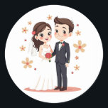 Bröllop par Sticker Runt Klistermärke<br><div class="desc">Tecknad illustrerar en perfekt av brud och groom för dekorationer och teman i bröllop.</div>