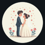 Bröllop par Sticker Runt Klistermärke<br><div class="desc">Tecknad-dekal med en brud och groom i bröllop,  omgiven av rosa blommor och lycklig. Perfekt för hälsningskort,  kalendrar och personliger.</div>