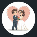 Bröllop par Stickers Runt Klistermärke<br><div class="desc">Tecknad- och gromhållare i händer,  omgivna av ett rosa blommigt hjärta för romantiskt tillfälle.</div>