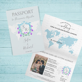 Bröllop Passport Dusty Blue Vapensköld Monogram Inbjudan