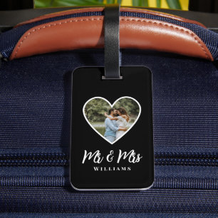 Bröllop Photo Black Heart Ram Modern Calligraphy Bagagebricka