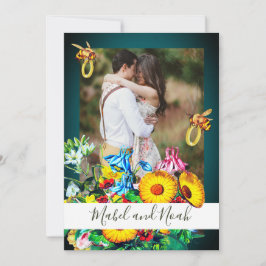 Bröllop Photo Blommigt Bees Emerald Guld Eco Inbjudningar