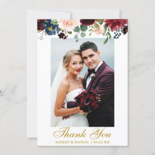 Bröllop Photo Burgundy Blue Watercolor Blommigt Gu Tack Kort