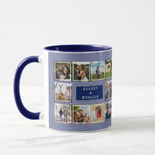 Bröllop Photo Collage Blue and White Stripe Coff Mugg
