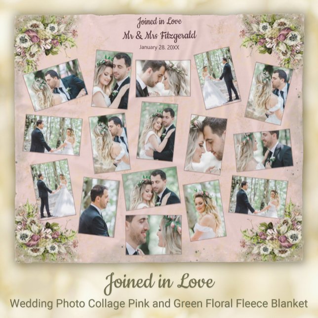 Bröllop Photo Collage Rosa + Grönt Blommigt Keepsa Fleecefilt (Wedding Photo Collage Pink and Green Floral Keepsake Fleece Blanket)